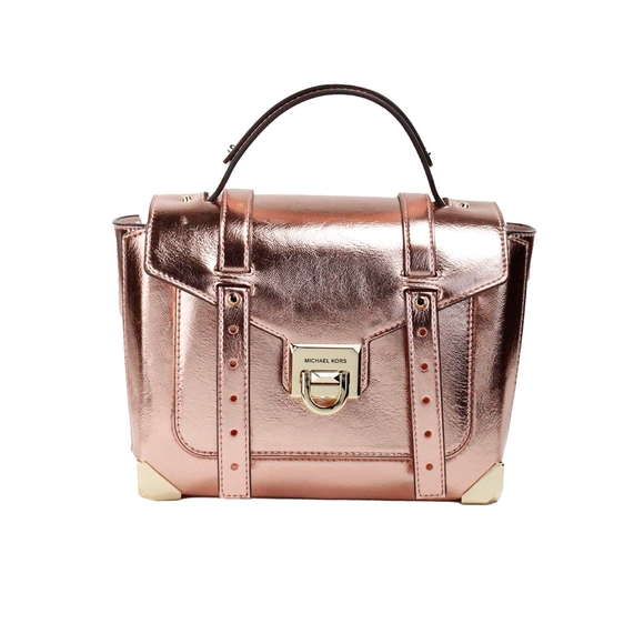Michael Kors Manhattan Medium Leather Satchel Metallic Rose Gold GUC ORIG $598 - Picture 1 of 9